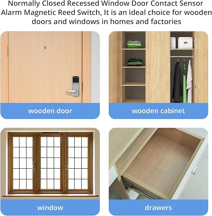 TOWODE Normally Closed Recessed Window Door Contact Sensor Alarm Magnetic Reed Switch,NC Magnetic Switch for Home Security, Suitable for Wooden Doors and Windows,5 Sets
