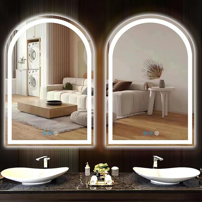 THEKLA 24 x 32 Inch LED Arched Mirror with Lights Memory 3 Color Adjustable Brightness Frontlight Arch Lighted Vanity Mirror for Bathroom Wall TableTop AntiFog 32" Bathroom Smart Arch Light up Mirrors