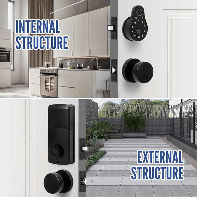 keyless Entry Door Lock deadbolt with Handle Set-Code,Key,Fingerprint deadbolt and Black Door knobs-Touchscreen Keypad Deadbolt Smart Locks for Front Door- Easy Install-Auto Lock