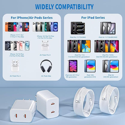 45W 2 Pack Super Fast Charger USB C Dual Port with 2×10FT White Type-C Charger Cord Block for iPhone17/17air/17 Pro/16/16e/16Pro Max/15/15Plus,i Pad,Compact Plug for Home/Travel, Safe & Durable Design
