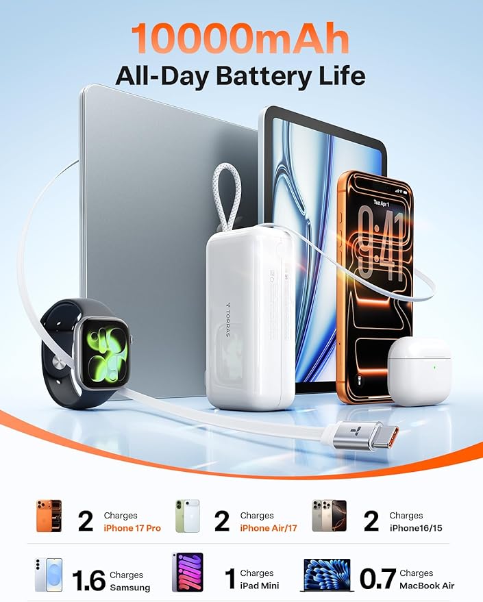 TORRAS EASYGO 3-in-1 Portable Charger, Built-in 28in Retractable USB C Cable and Wall Plug, 10000mAh Power Bank 35W Fast Charging, Travel Essentials Phone Battery Pack for iPhone 17 16 15 iPad Galaxy