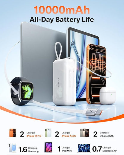 TORRAS EASYGO 3-in-1 Portable Charger, Built-in 28in Retractable USB C Cable and Wall Plug, 10000mAh Power Bank 35W Fast Charging, Travel Essentials Phone Battery Pack for iPhone 17 16 15 iPad Galaxy