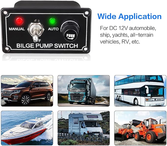 12V Bilge Pump Control Switch Panel 3 Way Manual/Off/Auto with LED Indicator 5A Fuse for Yacht Camper Truck Marine Boat
