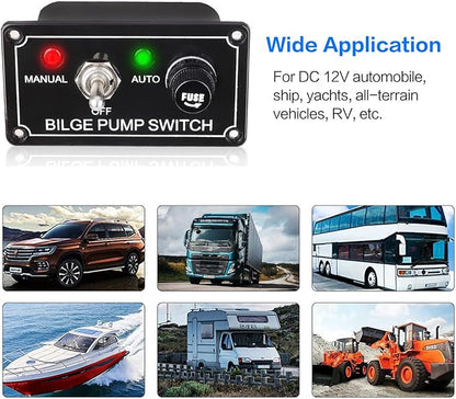 12V Bilge Pump Control Switch Panel 3 Way Manual/Off/Auto with LED Indicator 5A Fuse for Yacht Camper Truck Marine Boat