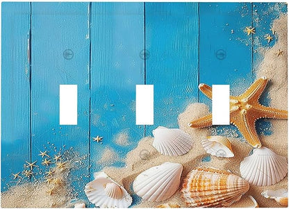 Decorative Switch Plates Blue Wood Grain Beach Shell Starfish 3 Gang Wall Plate Triple Toggle Light Switch Cover Faceplate Electrical Wall Panels for Bathroom Farmhouse Decor