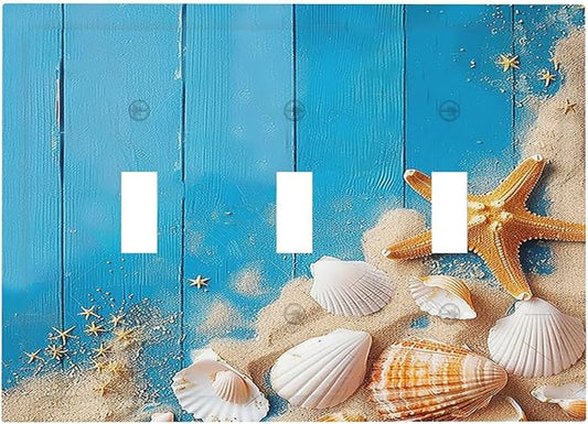 Decorative Switch Plates Blue Wood Grain Beach Shell Starfish 3 Gang Wall Plate Triple Toggle Light Switch Cover Faceplate Electrical Wall Panels for Bathroom Farmhouse Decor