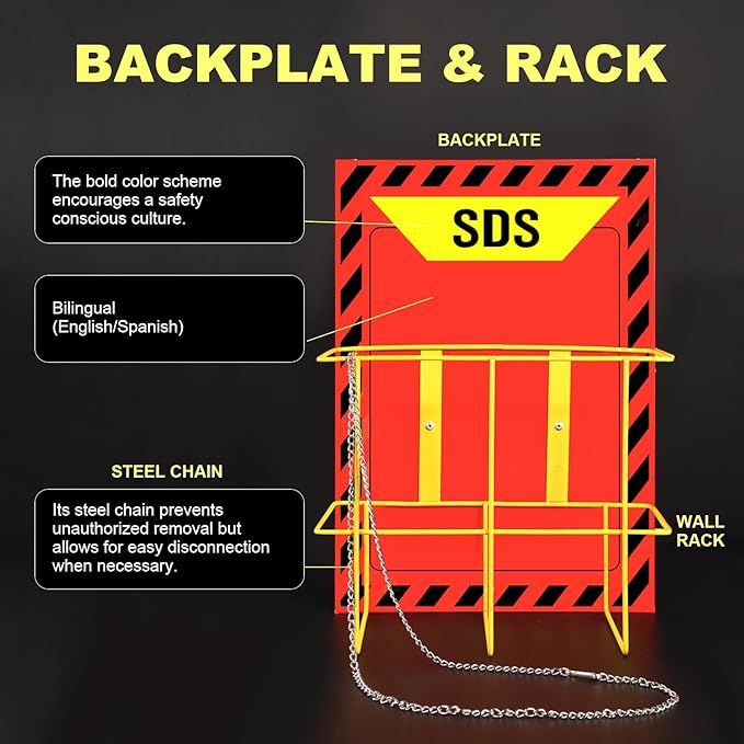 MSDS SDS Binder and Wall Station - Yellow Heavy Duty 3 Inch Material Safety Data Sheet 3 Ring Binder with SDS Wire Rack and Display Sign, Chain,Mounting Hardware,Safety Posters,MSDS Labels