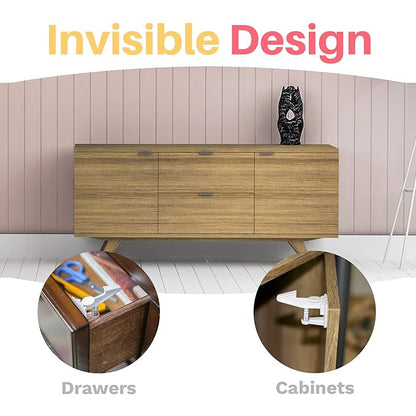 Inaya Cabinet Locks Baby Proofing - Child Proof Drawer Locks - Child Safety Cabinet Latches with 3M Adhesive Easy Installation - No Drilling or Extra Screws (8 Pack)