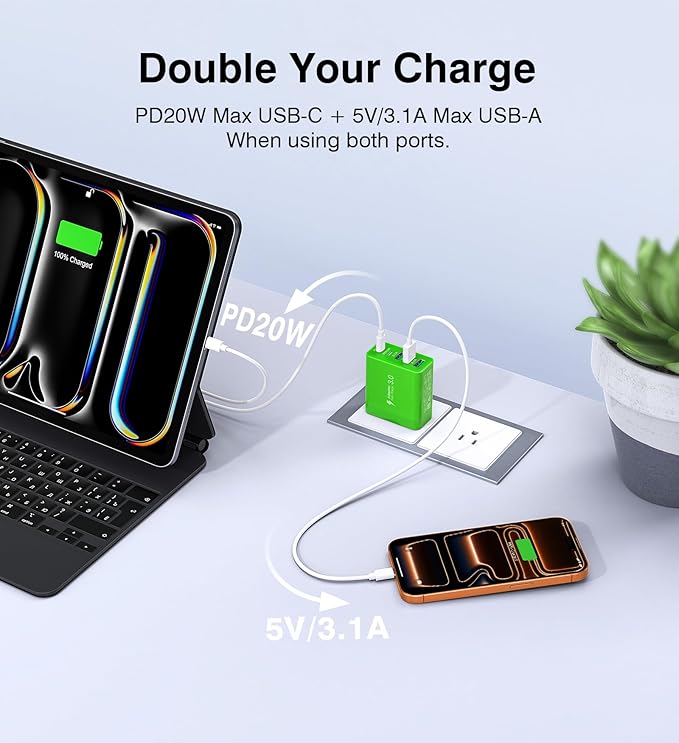 [2-Pack] USB C Wall Charger, 60W Fast USB C Charger Block, 5-Port PD Power Adapter + QC Wall Plug Multiport Type C Charging Block Cube Compatible with iPhone 17 16 15 14 13 12 Pro Max XR XS, Green