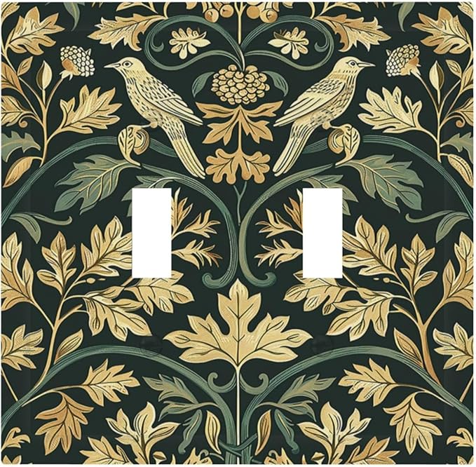 Decorative Switch Plates William Morris Vintage Botanical Birds Golden Green Leaves 2 Gang Double Toggle Outlet Light Switch Cover Wall Plate Electrical Faceplate for Bedroom Home Decor