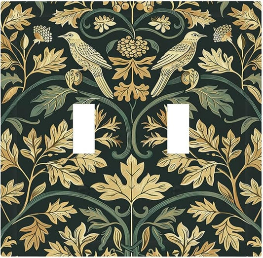 Decorative Switch Plates William Morris Vintage Botanical Birds Golden Green Leaves 2 Gang Double Toggle Outlet Light Switch Cover Wall Plate Electrical Faceplate for Bedroom Home Decor