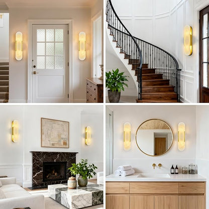 Brass Alabaster Wall Sconces Set of Two, Modern Natural Marble Wall Sconces for Indoor Lighting, 19.7 in Gold Wall Lights for Bathroom Dining Room Stairs Bedroom