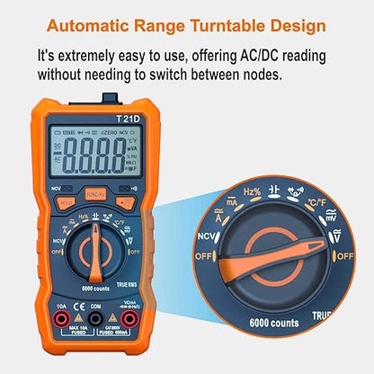 Auto-Ranging Digital Multimeter, TRMS 6000 Counts AC DC Voltmeter Ohm Volt Amp Meter, Electrical Multimeter Tester with NCV, Measure Capacitance Current Resistance Temp Continuity Diode Duty Cycle