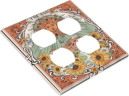 Boho Retro Sun Sunflower Vintage Flower Butterfly Outlet Covers 2 Gang Double Duplex Decorative Light Switch Covers Electrical Wallplates Socket Faceplate for Farmhouse Home Decor