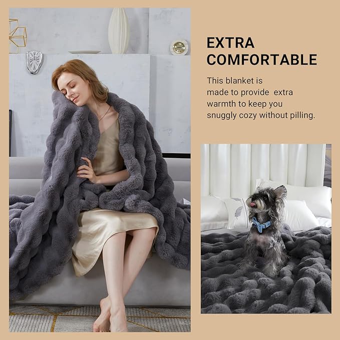 SAPHREAS Faux Fur Throw Blanket for Couch, Fluffy Fuzzy Bubble Blanket for Sofa Bed Living Room, Grey Decor Soft Cozy Gifts for Women Men, 60x80” Gray
