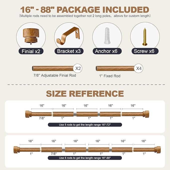 Wood Curtain Rods for Windows 48 to 84 Inches 1" Diameter Boho Decorative Heavy Duty Long Window Curtain Rod Adjustable with Solid Imitation Wood Grain Finials for Living Room Bedroom Kitchen