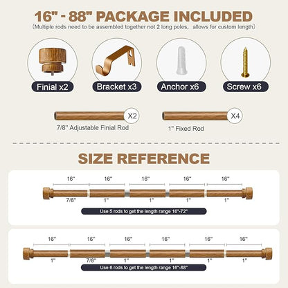 Wood Curtain Rods for Windows 48 to 84 Inches 1" Diameter Boho Decorative Heavy Duty Long Window Curtain Rod Adjustable with Solid Imitation Wood Grain Finials for Living Room Bedroom Kitchen