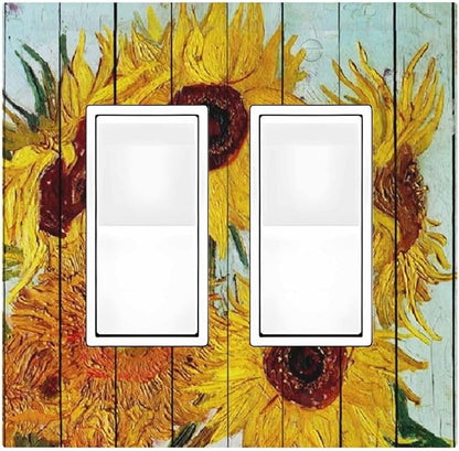 Decorative Outlet Covers Sunflowers Oil Paintings Wood Floral 2 Gang Double Gfci Rocker Electrical Wall Panels Light Switch Cover Plate For Farmhouse Bed Room Decor