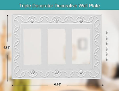 Triple Decorator Light Switch Cover NovaBloom Metal Wall Plate, 2-Pack White 3 Gang Triple Rocker, Receptacle Dimmer Switch Cover GFCI Outlet Decorative Wallplate, Durable
