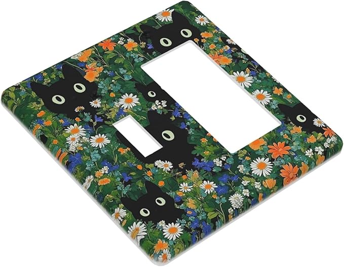 Boho Funny Black Cute Cats Daisy Wildflower Outlet Covers 1 Toggle 1 Rocker Combination Decorative Wall Plate Electrical Switch Plates Light Switch Cover Plate For Kids Room Bed Room Decor