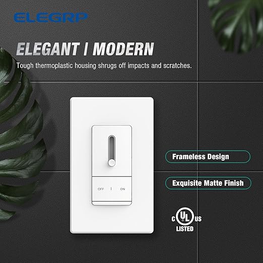 ELEGRP Slide Dimmer Switch for Dimmable LED, CFL and Incandescent Light Lamp Bulbs, Single Pole or 3-Way, Full Control with Preset, Rocker Paddle, Wall Plate Included, UL Listed (2 Pack, Matte White)