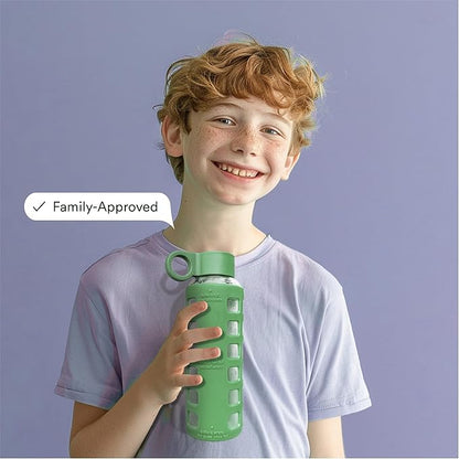 purifyou 40oz / 32oz / 22oz / 12oz Borosilicate Glass Water Bottle with Time & Volume Markers, Silicone Sleeve, Stainless Steel Lid | Reusable Glass Bottle for Water & Juice (12oz Shale Green)