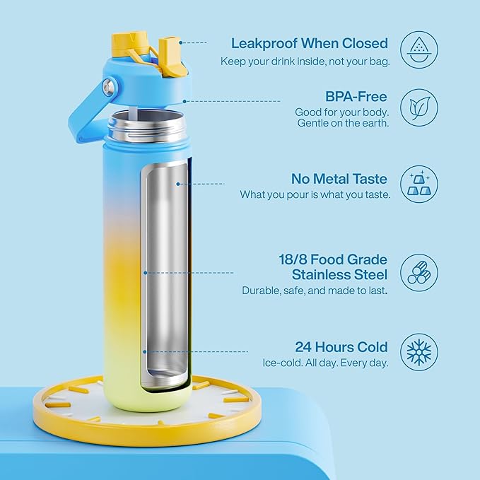 ENCOOL Insulated Water Bottle with Straw Stainless Steel Water Bottle, Leak-Proof, BPA-Free, Double Wall Vacuum Keeps Cold for 24 Hours for Sports, Travel, School (26 oz, Sunny Breeze)