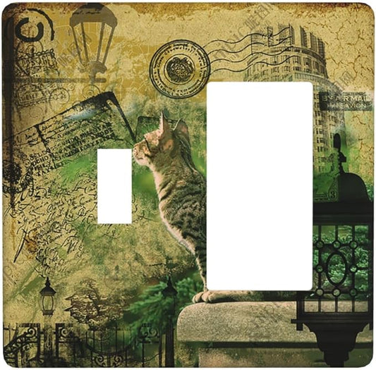 Outlet Covers Vintage Style Cat City Stamp 1 Toggle 1 Rocker Combo Light Switch Cover Plate Decorative Switch Plate Covers Electrical Wall Plate for Bedroom Home Decor