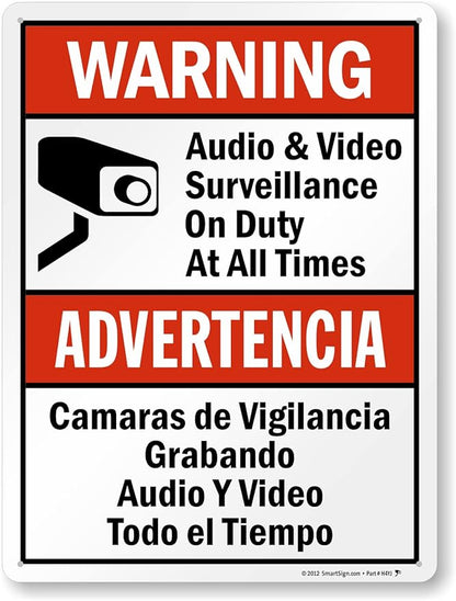 SmartSign 24 x 18 inch “Warning - Audio & Video Surveillance On Duty At All Times” Bilingual Sign, Digitally Printed, 55 mil HDPE Plastic, Red, Black and White, Made in USA