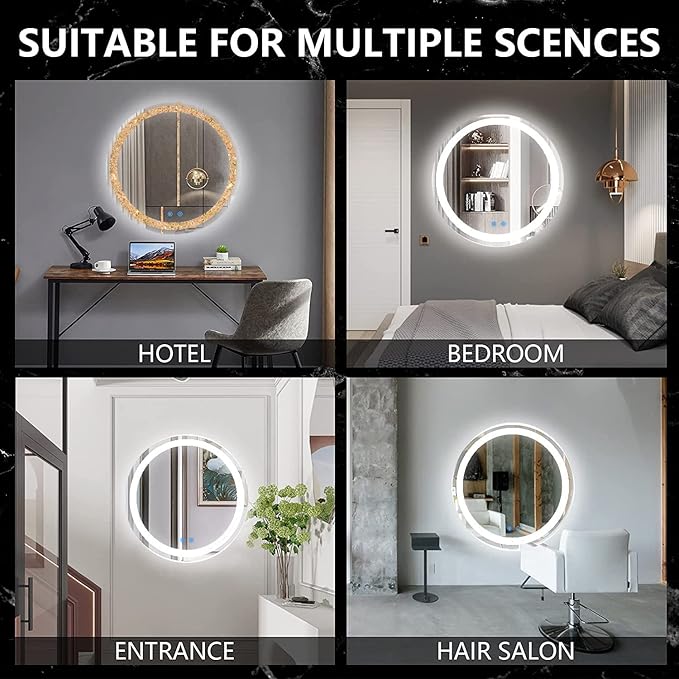 LED Round Crystal Bathroom Mirror - 24 Inch Circle Vanity Mirror with 3 Color Lights