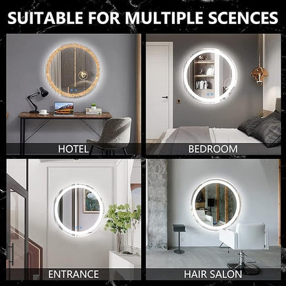 LED Round Crystal Bathroom Mirror - 24 Inch Circle Vanity Mirror with 3 Color Lights
