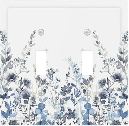 Decorative Switch Plates Light Blue Watercolor Leaves Plant With Floral 2 Gang Double Toggle Outlet Light Switch Cover Wall Plate Electrical Faceplate for Bedroom Bathroom Decor