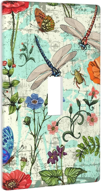 Dragonflies Flowers Butterfly 1 Gang Single Toggle Outlet Light Switch Cover Decorative Single Toggle Wall Plate Cover For Home Living Bedroom Kitchen Decorative