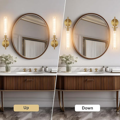 19.5" Knurled Brass Wall Sconce with Clear Glass Tube, Gold Bathroom Vanity Light Fixtures, Modern Lamp Lighting for Bedroom, Living Room, Hallway, Staircase, Mirror, Kitchen