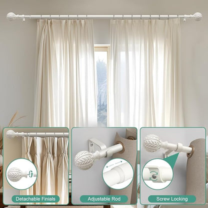 Antique White Curtain Rods for Windows 72 to 144 inch,1" Adjustable Heavy Duty Window Curtain Rod Leaf Finials,Rustic Decorative Drapery Rods Set,Size:36-150''