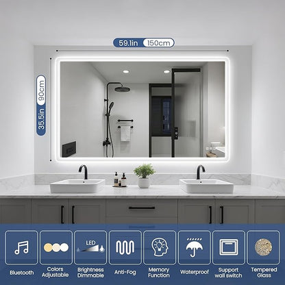 STARLEAD 59"x36" LED-Bathroom-Mirror-with-Lights, Wall-Mounted with Bluetooth Speaker, Anti-Fog, 3 Color Temperature, Dimmable Brightness, Waterproof, Tempered Glass, Frontlit & Backlit
