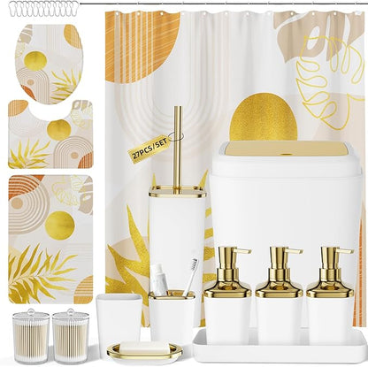 Bathroom Set - Bathroom Sets with Shower Curtain and Rugs, Bathroom Accessory Set, White Bathroom Accessories Set with Trash Can, Toilet Brush and Soap Dispensers