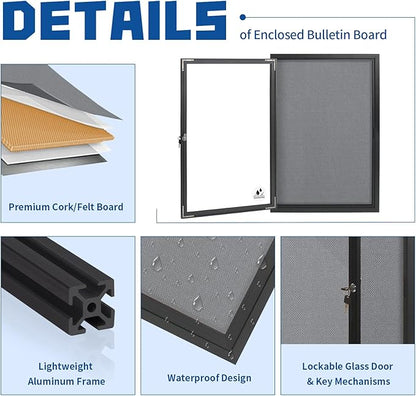 Outdoor Weatherproof Enclosed Fabric Bulletin Board,Noticeboard Case with Lockable Glass Door, Grey Felt,Black Aluminum Frame, 36x24 Inch (5xA4)