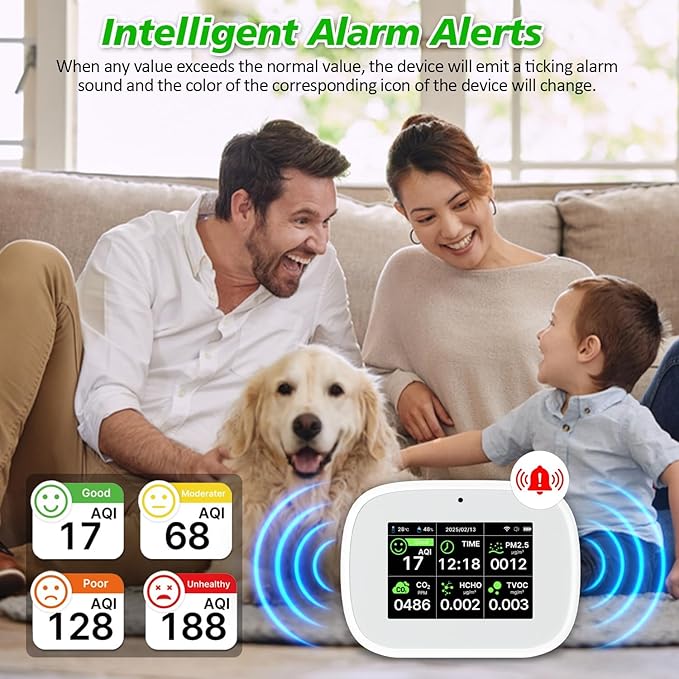 18-in-1 Smart Air Quality Monitor - Indoor WiFi Air Quality Detector with Dual Chip, Real-Time for AQI, CO2, PM2.5, PM1.0, PM10, TVOC, HCHO, Time Display, Temperature & Humidity (White-Black)