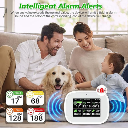 18-in-1 Smart Air Quality Monitor - Indoor WiFi Air Quality Detector with Dual Chip, Real-Time for AQI, CO2, PM2.5, PM1.0, PM10, TVOC, HCHO, Time Display, Temperature & Humidity (White-Black)