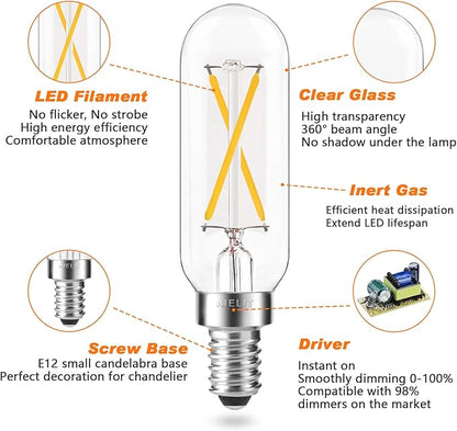 2W T8 Dimmable Candelabra LED Light Bulb, Soft White 3000K, E12 Small Chandelier Base, Tubular 25-Watt Equivalent Clear Vintage LED Edison Bulb for Display Cabinet Showcase Piano, 8-Pack
