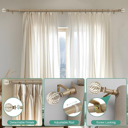 2 Pack Boho Wood Curtain Rods for Windows 66 to 120 inch,1" Adjustable Heavy Duty Window Curtain Rod with Imitation Wood Grain Finials,Rustic Decorative Drapery Rods Set 36-120'',Weathered Wood