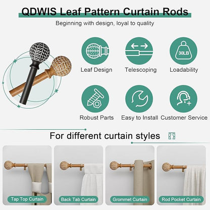 Imitation Wood Grain Ball Curtain Rods for Windows 48 to 84 Inch,1 Inch Heavy Duty Adjustable Wood Curtain Rod,Boho Decorative Drapery Rods Set with Brackets,Size:36''-88''