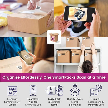 SmartPacks QR Stickers - Premium Smart Labels for Storage Bins | Advanced Pack and Track Labels with QR Code for Inventory, Storage, Moving | 48 Stickers