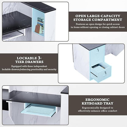 R-Shaped Modern Reception Desk with Counter & Storage - 71"/84" Large Office Front Desk, Salon Checkout Counter with Lockable Cabinets, Shelves & Drawers (Black & White, Right - 71''L x 34''W x 41''H)