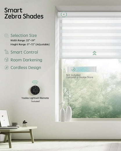 Yoolax Motorized Blinds with Remote, Electric Zebra Blinds for Indoor Windows, Room Darkening Smart Shades with Voice Control, Compatible with Alexa Google Home, APP Control, 23" W x 72" H, White