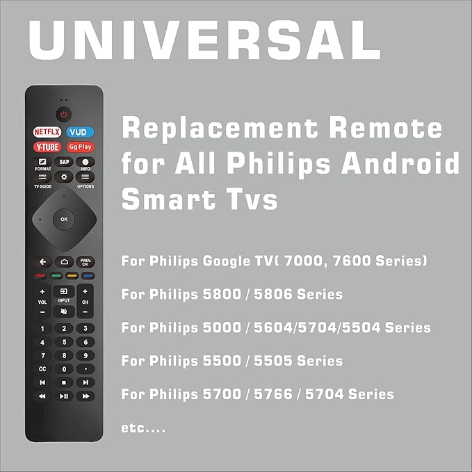 Universal Remote Control Replacement for Philips Smart TV – No Voice Function, Universal for All Philips Android/Google 4K TVs Smart TV Models (43PUL7652)