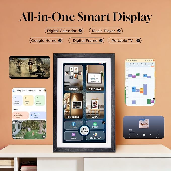 15.6" All-in-one Smart Display|Digital Google Calendar No Subscription|Picture Frame with Anti-Glare Touchscreen|Built-in Li-Battery|Wall-Mount or Desktop|Google Home Hub,App Store (15.6" Walnut Wood)