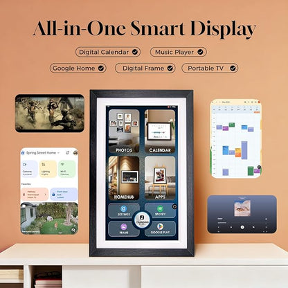 15.6" All-in-one Smart Display|Digital Google Calendar No Subscription|Picture Frame with Anti-Glare Touchscreen|Built-in Li-Battery|Wall-Mount or Desktop|Google Home Hub,App Store (15.6" Walnut Wood)