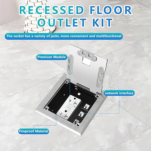 KYHSHJ Recessed Flat Hidden Socket Kit with 2 * 20 Amp Stainless Steel GFCI Tamper Receptacle Outlet+3-Port RJ45 Datacom Receptacle. Internal Height Adjustable，Corrosive Resistant Hardware，Silver